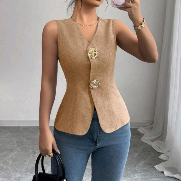 Women's V-Neck Slim Fit Front Gold Rose Button Decor Camisole - Picture 5 of 6